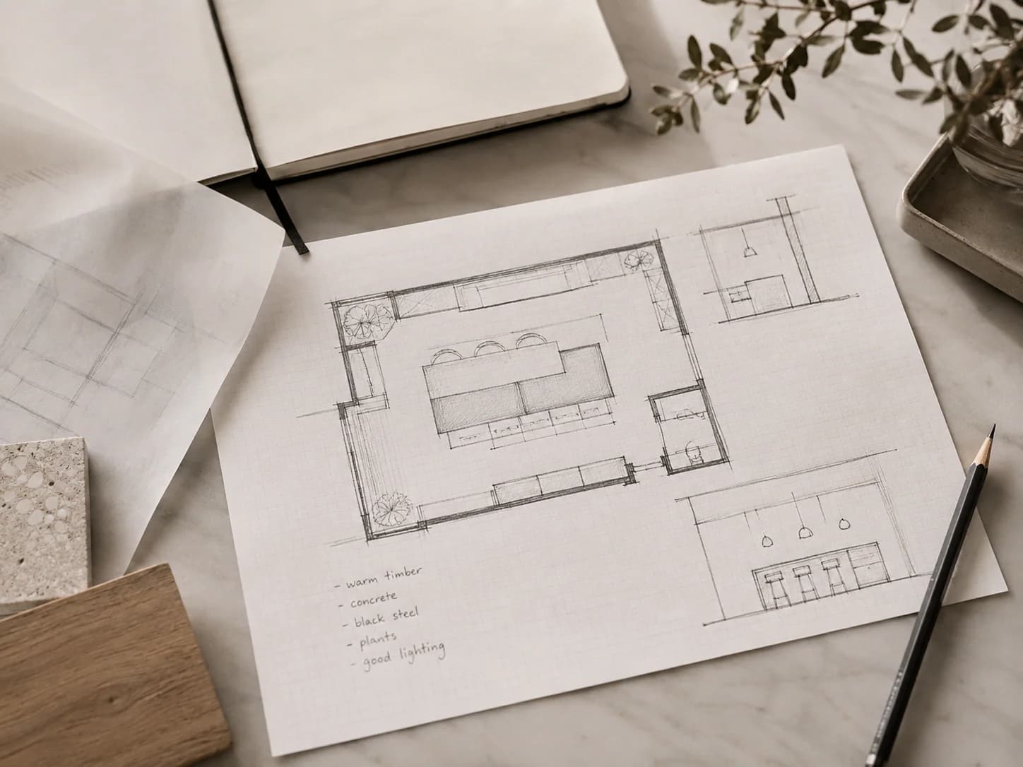Hand-drawn interior sketch supplied at the start of a project